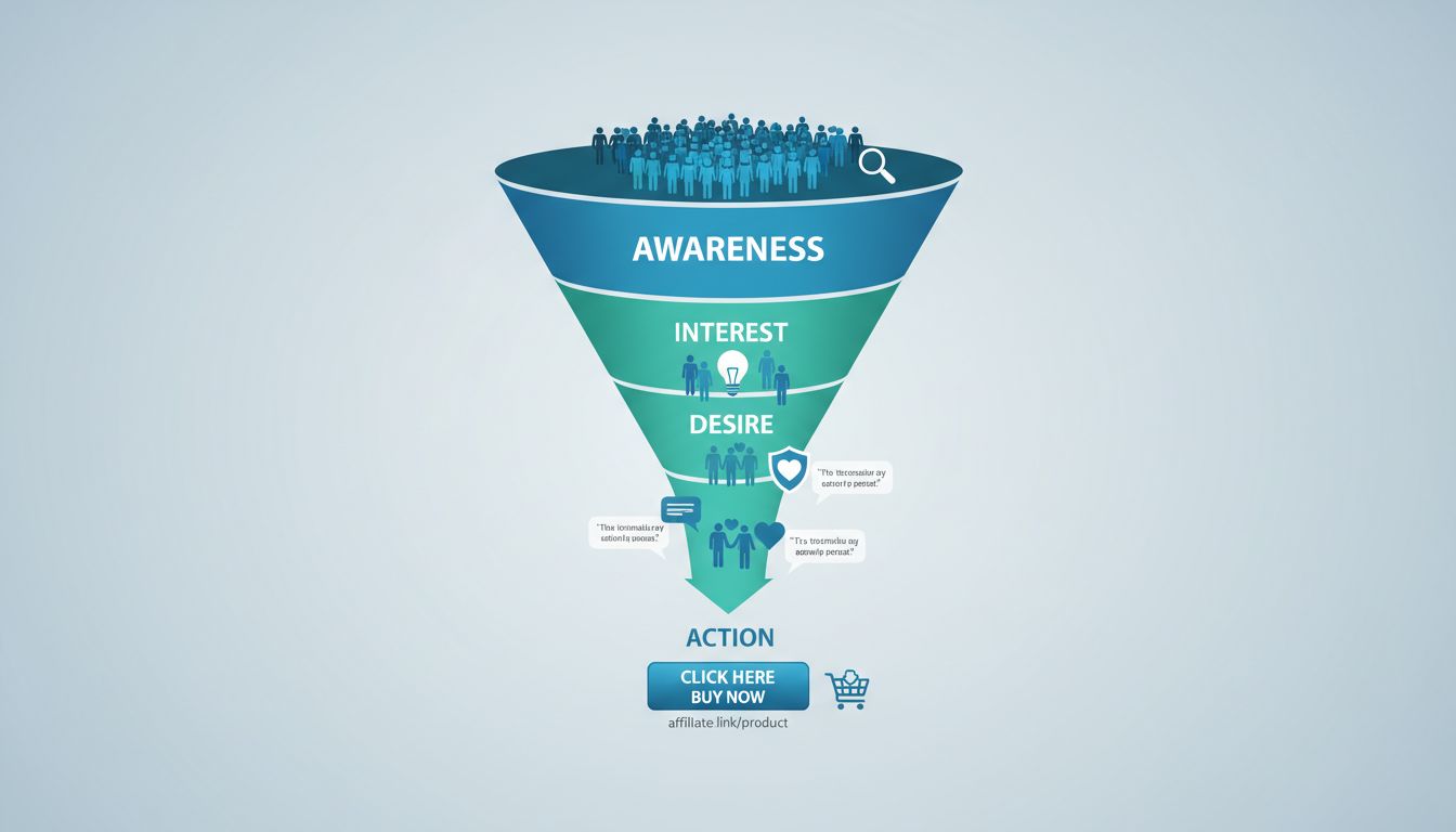 AIDA-funnel diagram met vier fasen van Awareness tot Action met conversiestroom