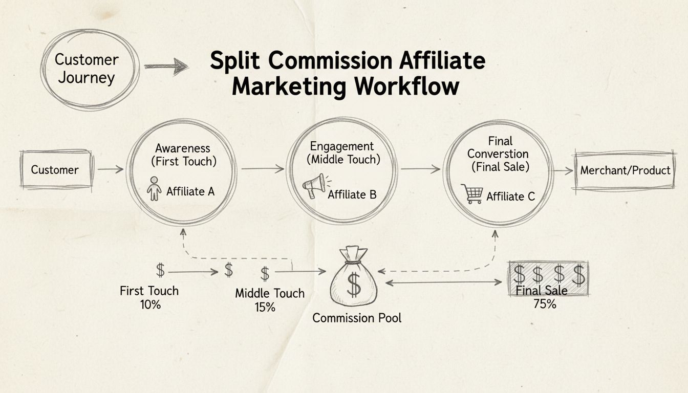 Handgetekend diagram dat de workflow van splitcommissies toont met meerdere touchpoints en commissiepercentages die aan verschillende affiliates in het klanttraject worden toegewezen
