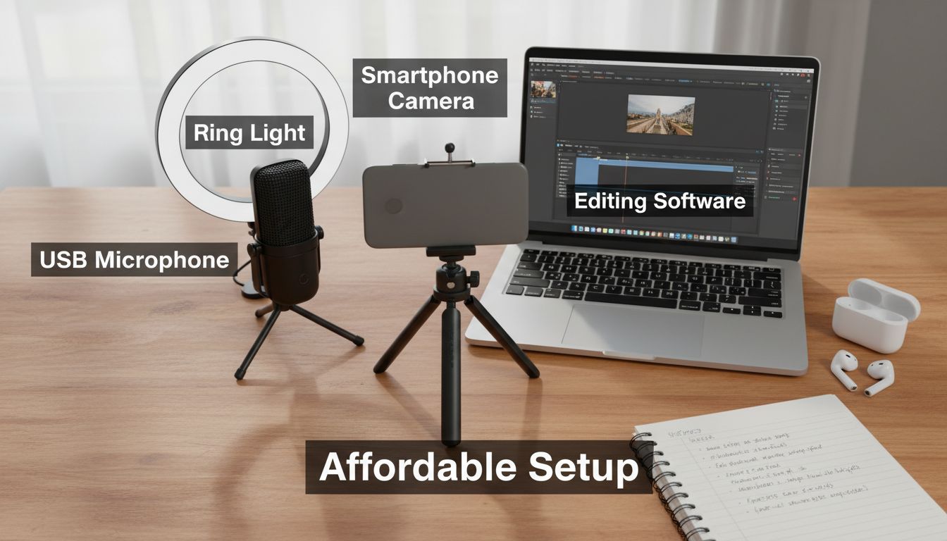 Betaalbare videoproductie-opstelling inclusief smartphone op statief, USB-microfoon, ringlamp en laptop voor montage