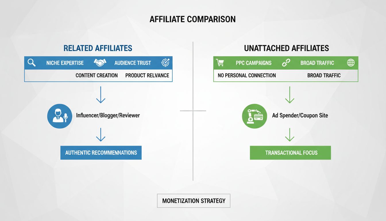 Vergelijkingsdiagram van Gerelateerde Affiliates vs Onafhankelijke Affiliates dat niche-expertise, vertrouwen van het publiek, contentcreatie, PPC-campagnes en verkeersbronnen toont