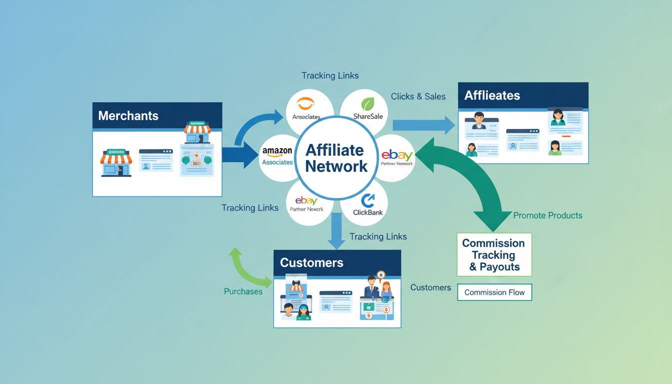 Affiliate netwerk-ecosysteemdiagram met handelaren, affiliates, klanten en het commissietrackingproces