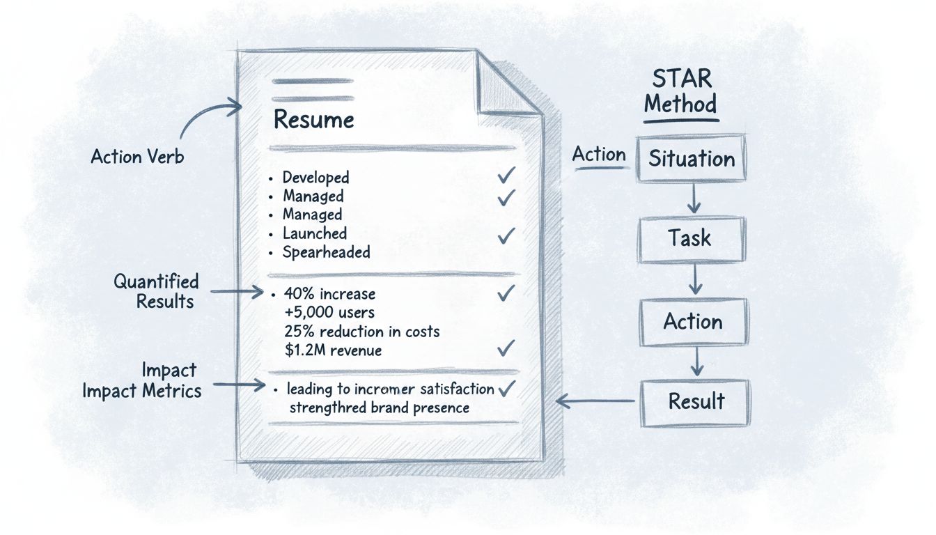 Framework voor het presenteren van prestaties op het cv met STAR-methode, actiegerichte werkwoorden, gekwantificeerde meetgegevens en impactresultaten weergegeven in professionele, met potlood getekende diagramstijl