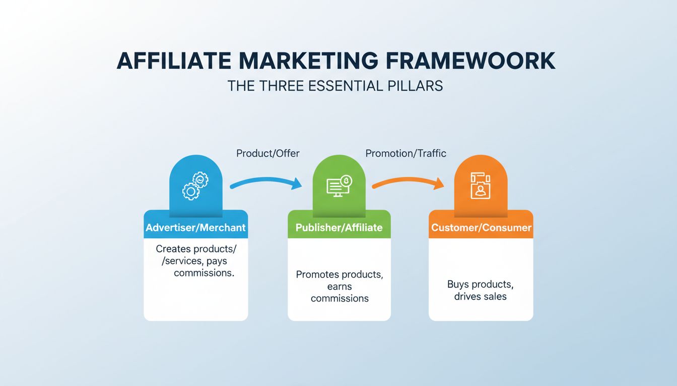 Diagram van de drie pijlers van affiliate marketing met adverteerder, publisher en klant, onderling verbonden in een circulaire stroom