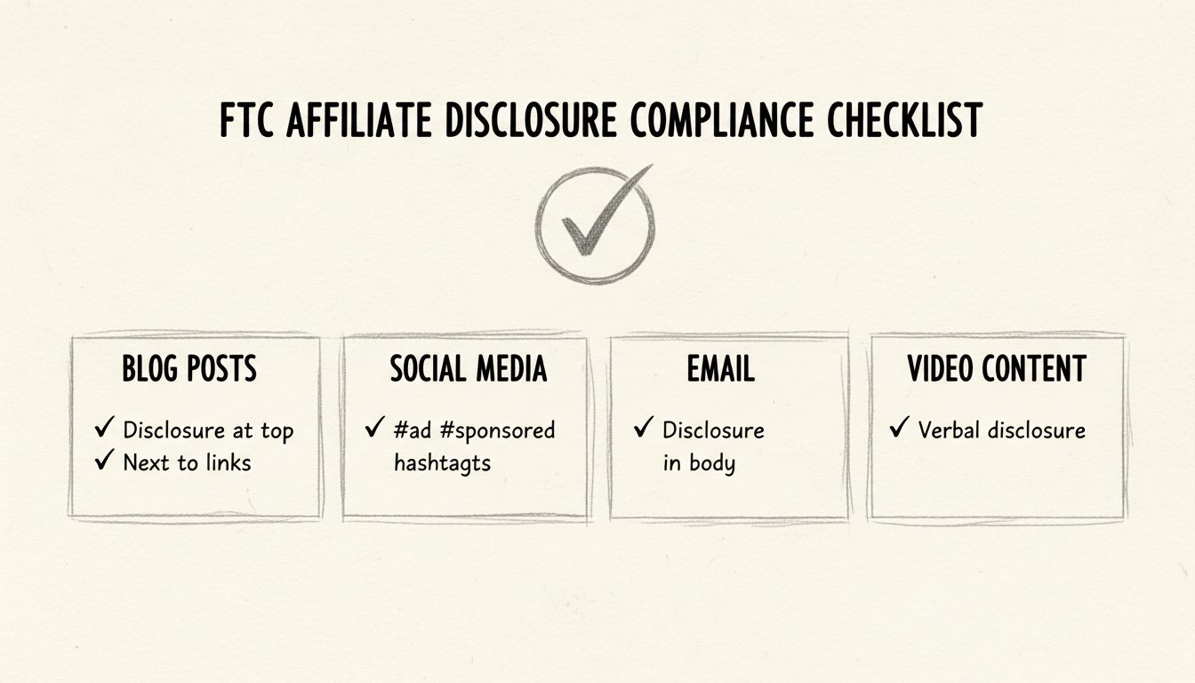 Checklist voor FTC affiliate-openbaarmaking met correcte plaatsing voor blogposts, social media, e-mail en videocontent