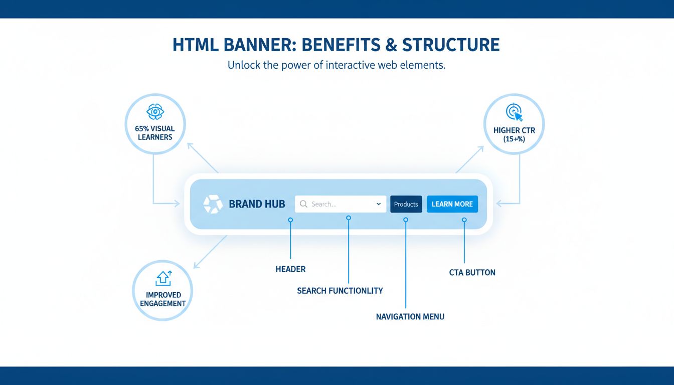 HTML banner voordelen infographic met interactieve elementen, statistieken en betrokkenheidskenmerken