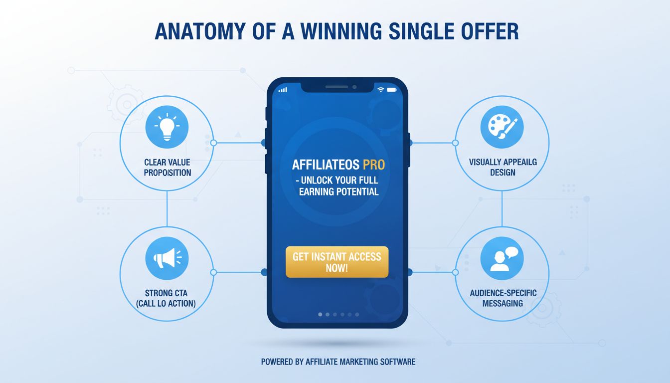Infographic die de belangrijkste componenten toont van effectieve enkele aanbiedingen, waaronder waardepropositie, visuele aantrekkingskracht, CTA en doelgroepgerichtheid