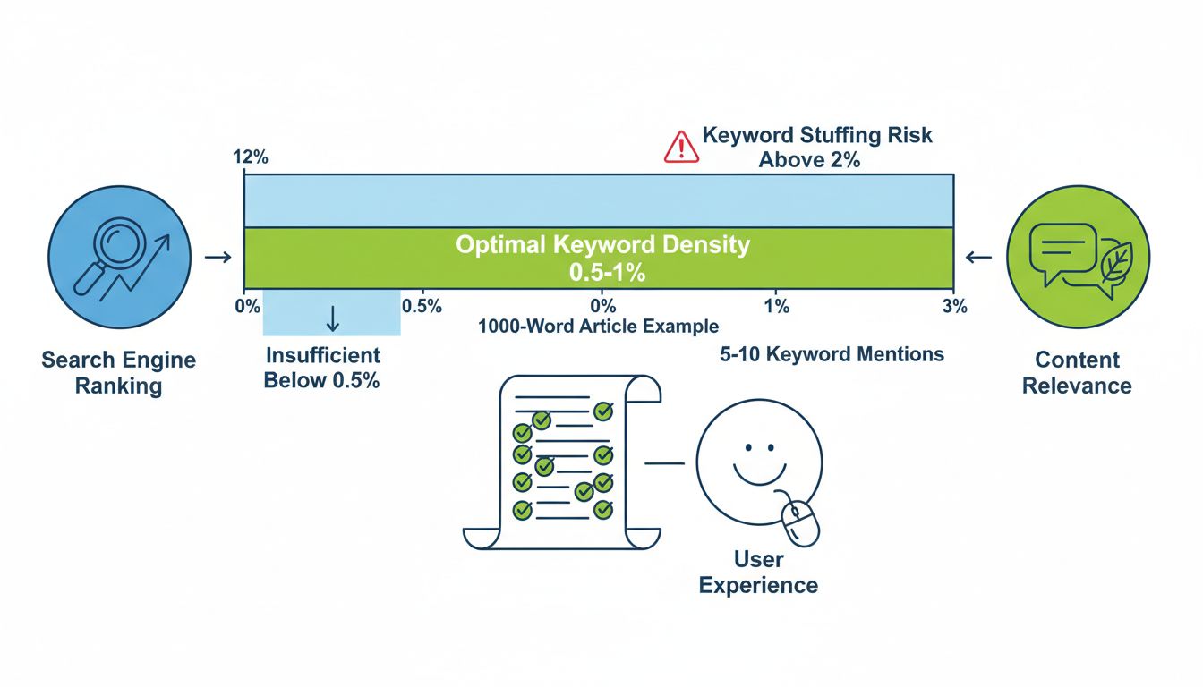 Infographic keyword density optimalisatie met ideaal 0,5-1% bereik voor SEO