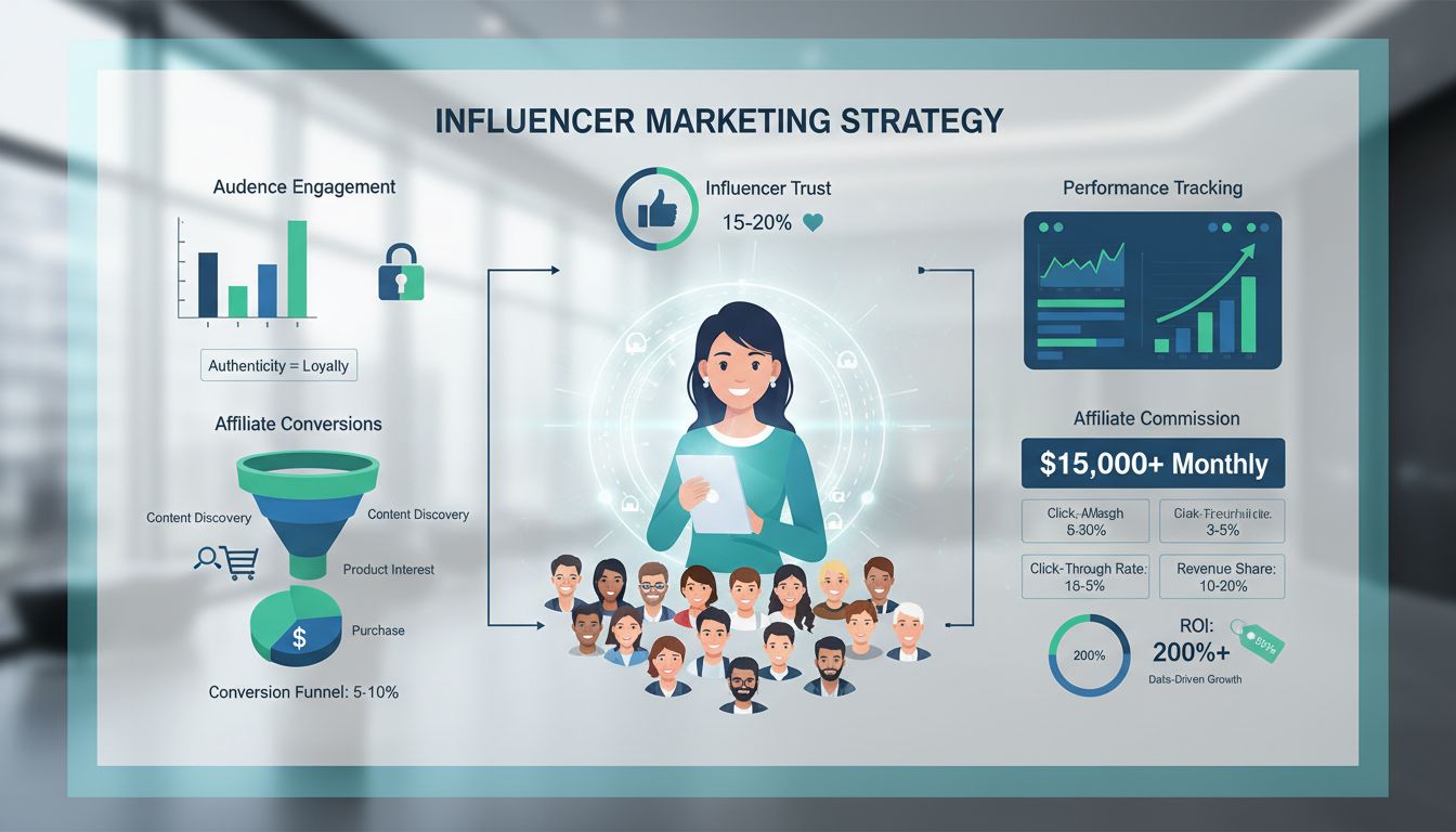 Influencer marketing strategie met vertrouwen, publieksbetrokkenheid, affiliate conversies en prestatie-analyse metrics