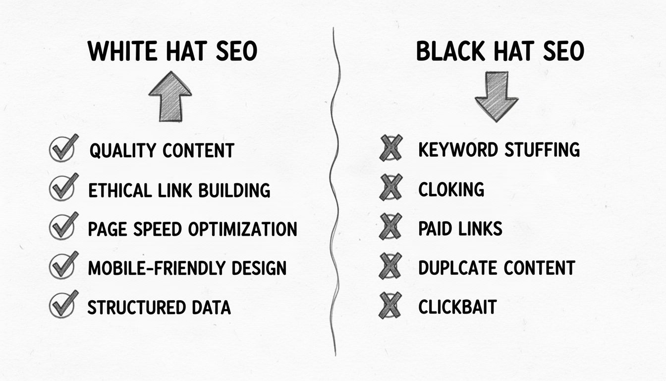 White hat vs black hat SEO technieken vergelijking diagram met ethische praktijken met vinkjes en misleidende praktijken met kruisjes