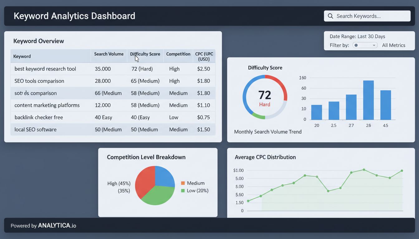 Dashboard met zoekwoordonderzoek-metrics, zoekvolume, moeilijkheidsscores en concurrentiedata