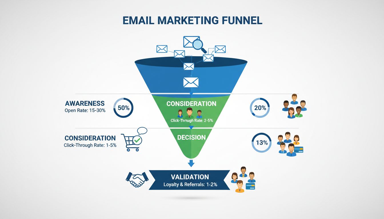 E-mailmarketingfunnel met awareness-, consideration-, decision- en validation-fases met bijbehorende statistieken