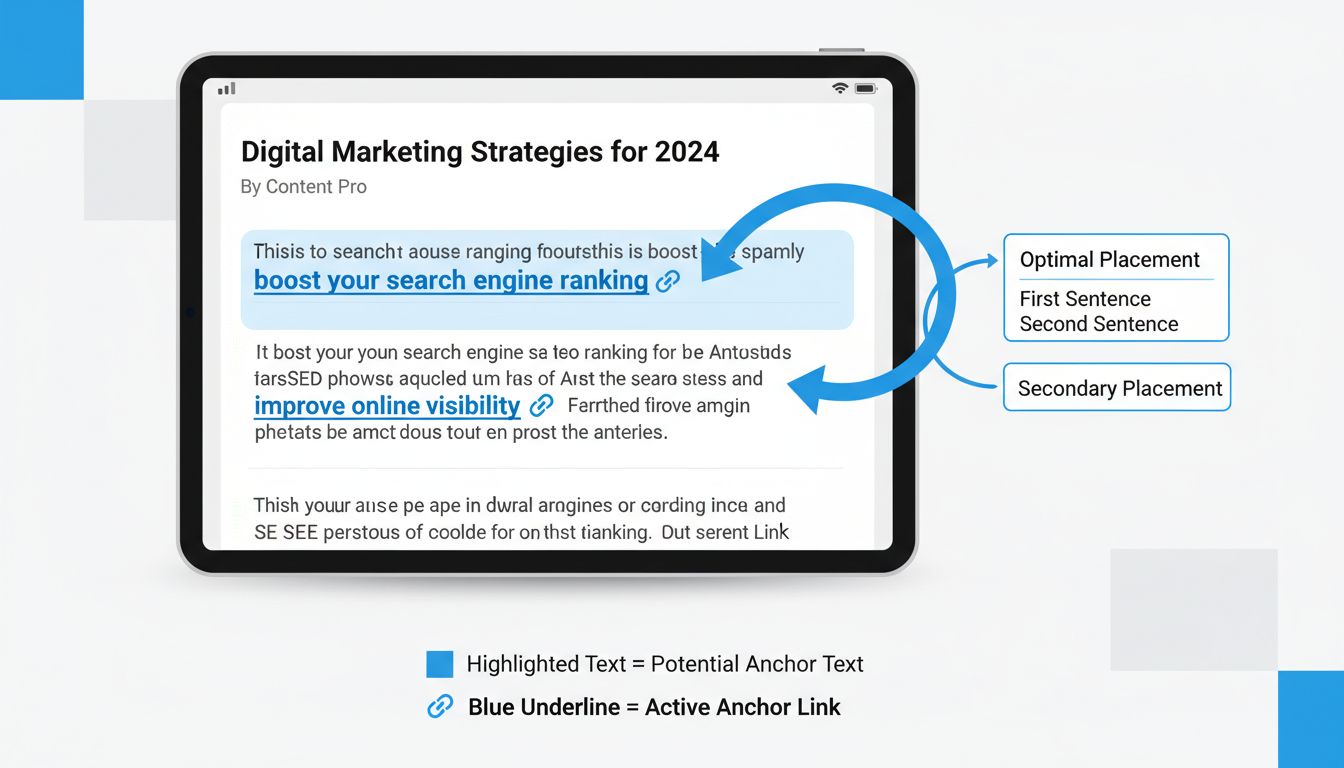 Diagram dat de optimale plaatsing van anchor-tekst in de eerste en tweede zin van content toont met visuele indicatoren