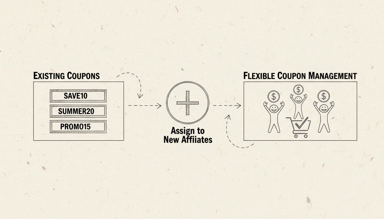 Workflow van couponbeheer die het toewijzen van bestaande coupons aan nieuwe affiliates toont