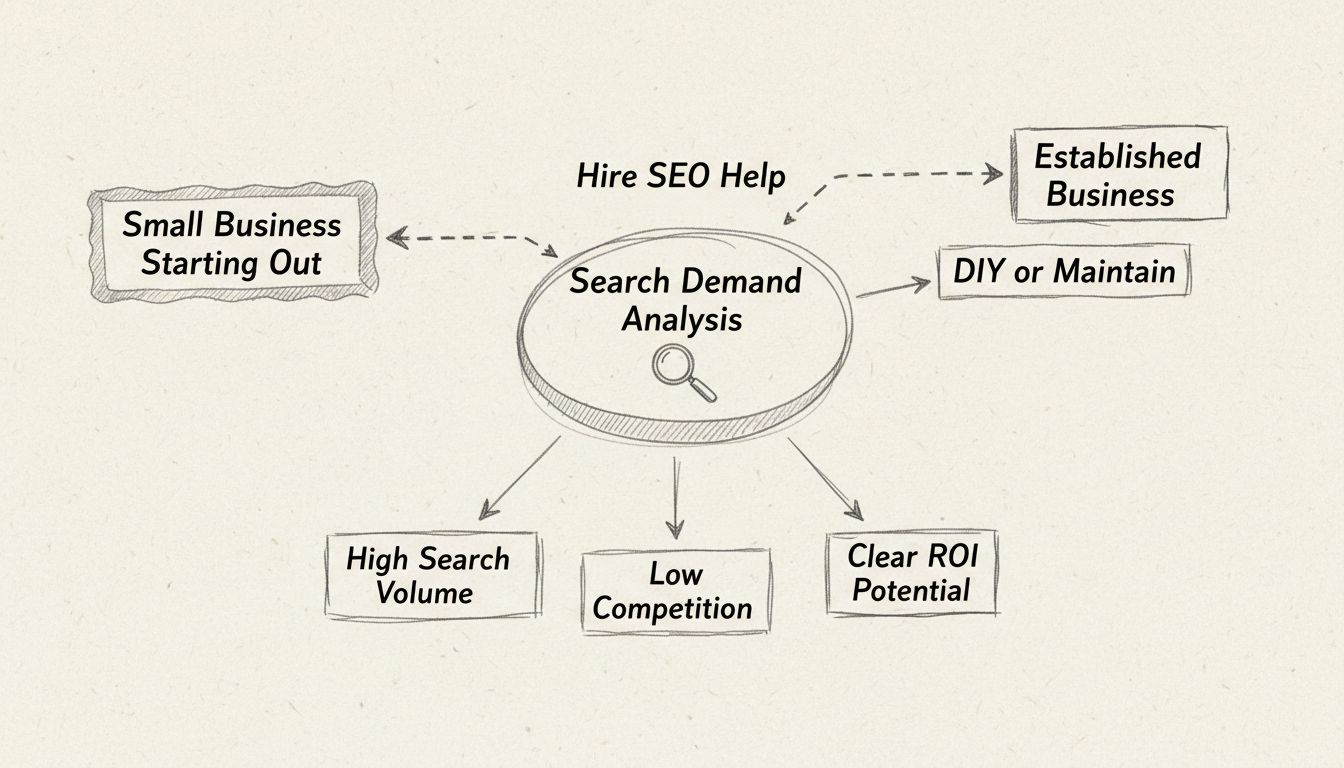 SEO-beslissingsboom die het pad van klein bedrijf versus gevestigd bedrijf toont met zoekvraag-analyse
