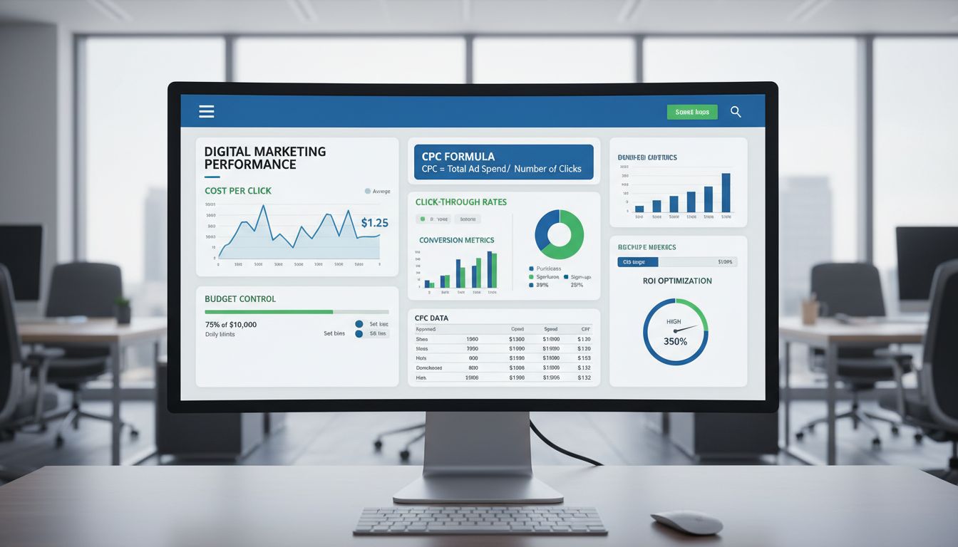 Dashboard digitale marketing met CPC-statistieken, analysegrafieken en budgetbeheertools