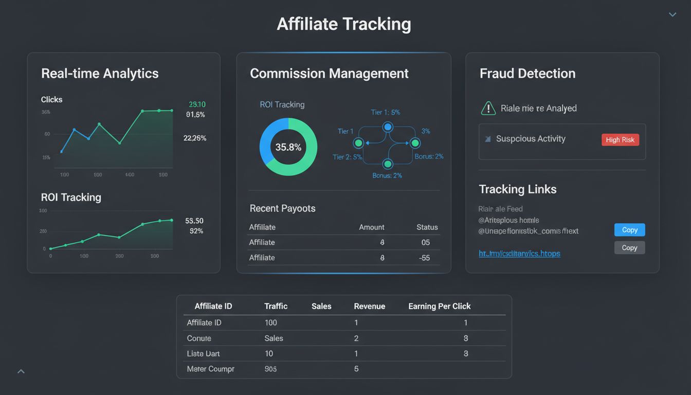 Post Affiliate Pro dashboard toont affiliate tracking statistieken, realtime analytics, commissiebeheer, fraudedetectie en ROI-tracking