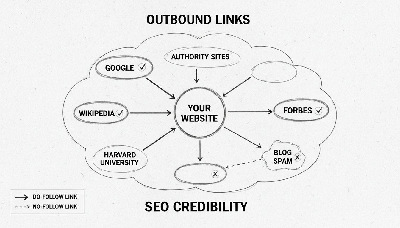 Handgetekend diagram dat uitgaande links toont die een centrale website verbinden met gezaghebbende externe bronnen zoals Google, Wikipedia, Forbes en Harvard, met pijlen die do-follow en no-follow linktypes aanduiden