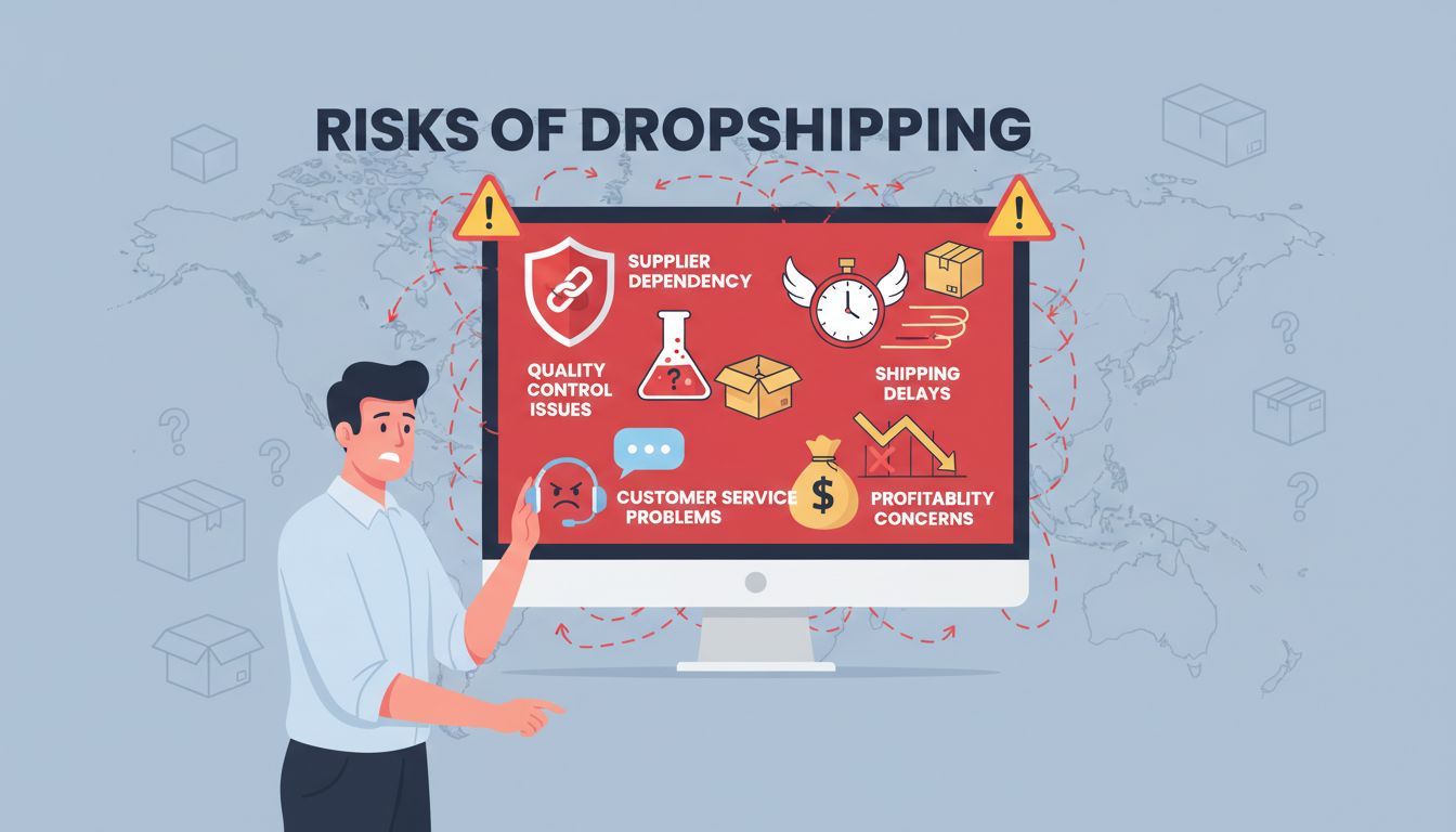 Infographic die dropshippingrisico's toont waaronder afhankelijkheid van leveranciers, kwaliteitsproblemen, verzendvertragingen, problemen met klantenservice en zorgen over winstgevendheid