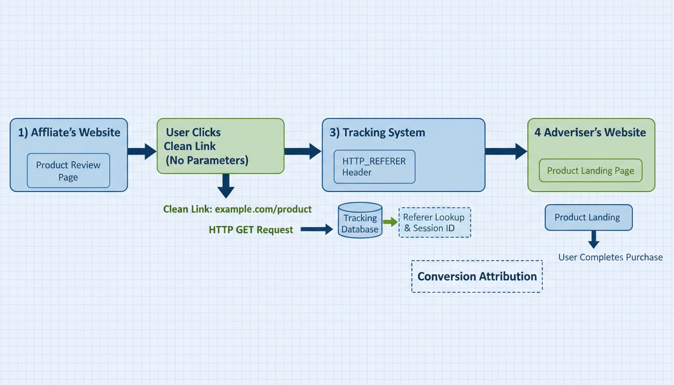 Direct link tracking stroomdiagram toont HTTP Referer-transmissie van affiliatesite naar adverteerder