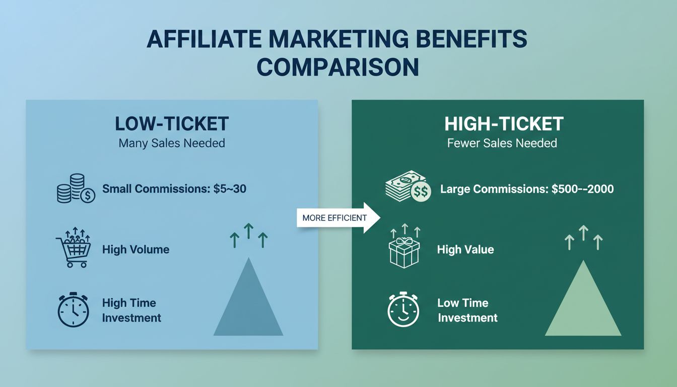 High-ticket vs low-ticket affiliate marketing vergelijking infographic die commissieverschillen en benodigde verkoopvolumes toont