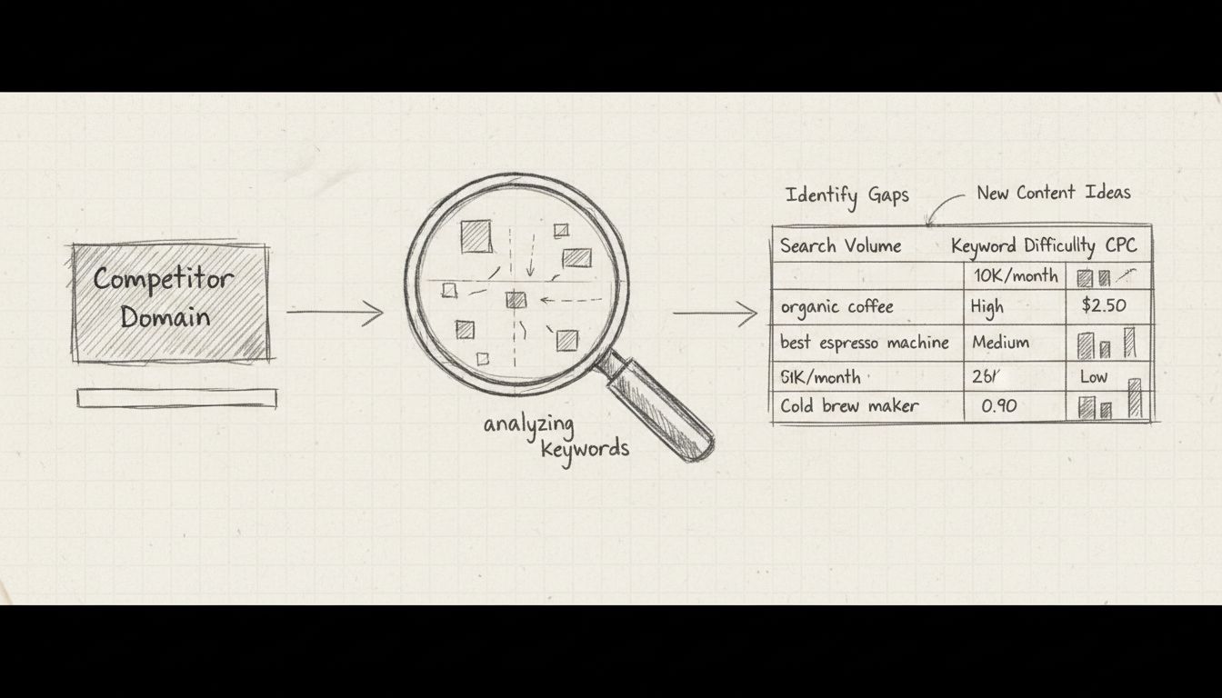 Handgetekend diagram met workflow voor concurrentiezoekwoordanalyse: domeininvoer, zoekwoordanalyse en metrics