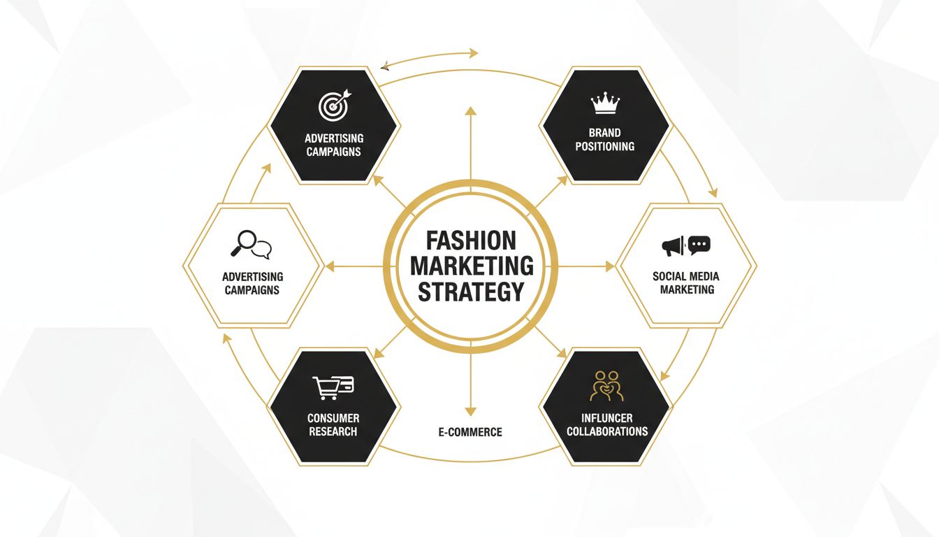 Diagram van mode marketing strategie met merkpositionering, social media marketing, samenwerkingen met influencers, e-commerce, consumentenonderzoek en reclamecampagnes