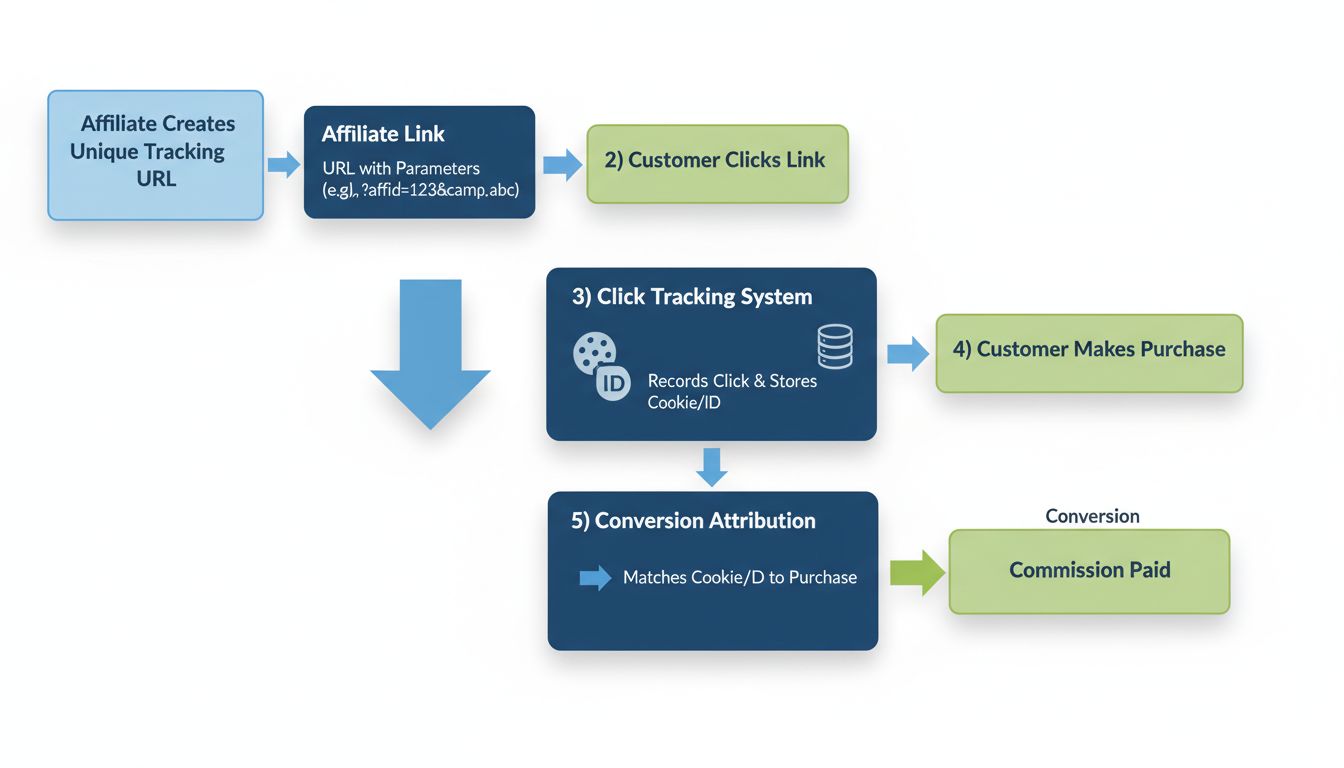 URL-tracking stroomdiagram met affiliate link creatie, klantklik, trackingsysteem, aankoop en commissietoewijzing