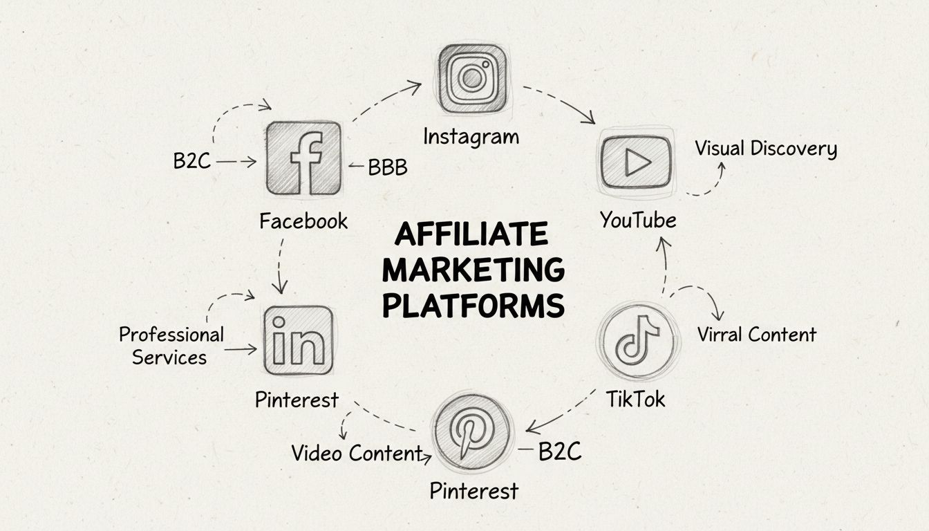 Handgetekend diagram met socialmediaplatformen voor affiliatemarketing met iconen voor Facebook, Instagram, YouTube, Pinterest, LinkedIn en TikTok in een cirkelpatroon met toepassingslabels
