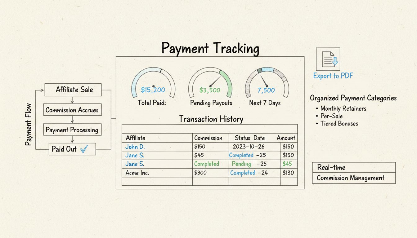 Dashboard voor betaaltracking met PDF-exportfunctionaliteit, toont transactiegeschiedenis en commissiebeheer