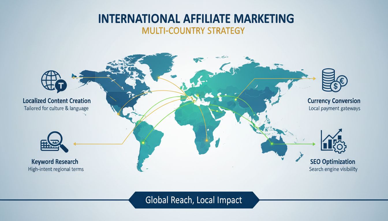 Internationale SEO affiliate marketing strategie infographic met multi-land aanpak, gelokaliseerde content en regionale optimalisatie