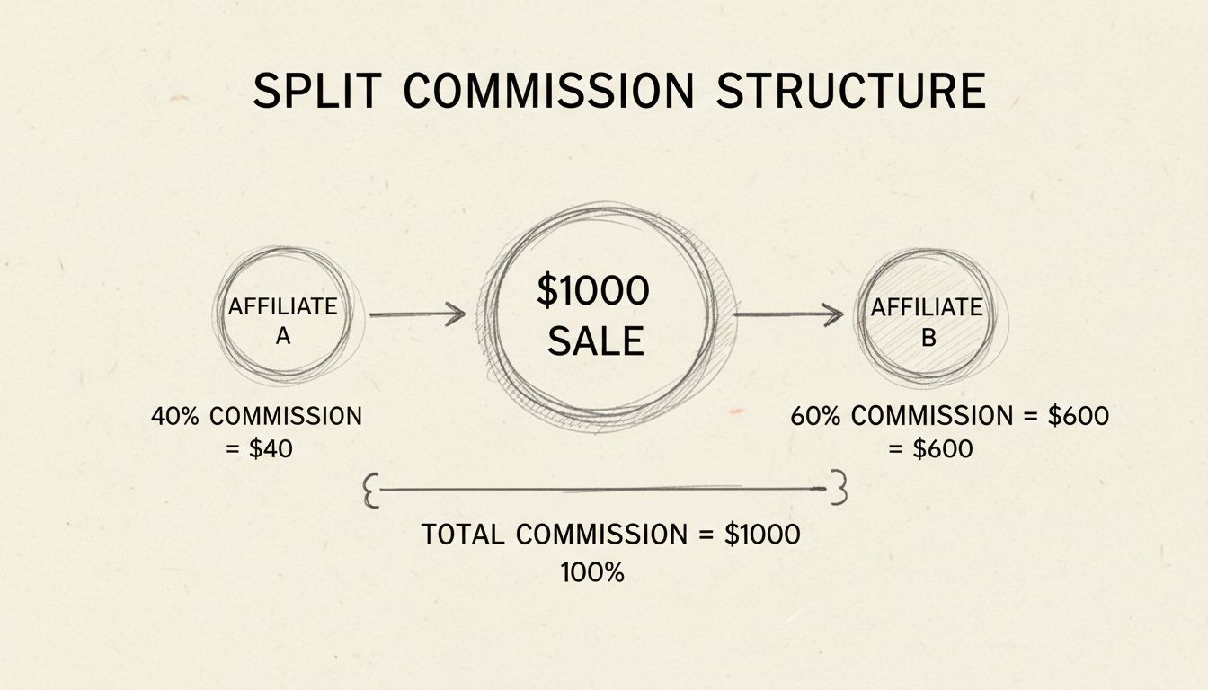 Handgetekend diagram met split commission-structuur waarbij twee affiliates verschillende percentages van een verkoop verdienen