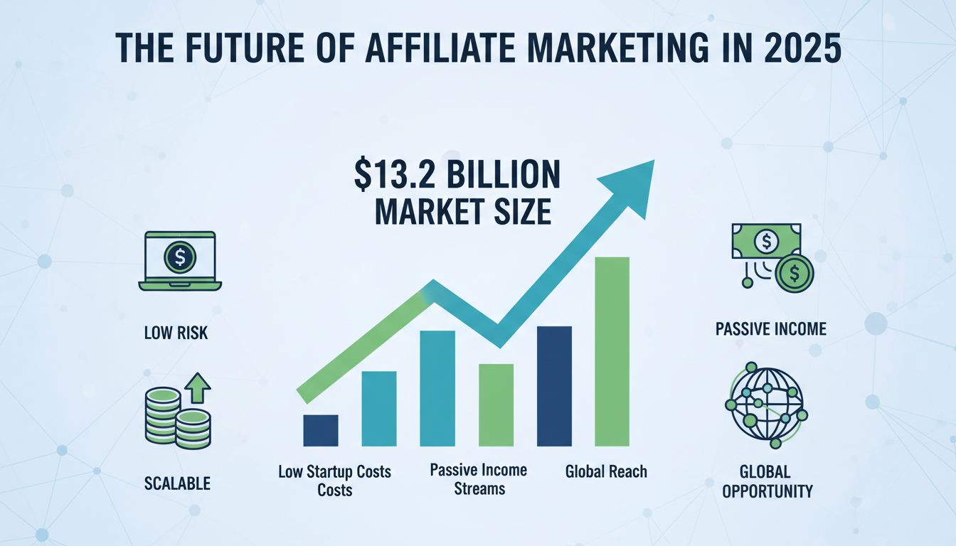 Affiliate marketing groei infographic toont marktomvang, laag risico, schaalbaarheid en passief inkomenspotentieel