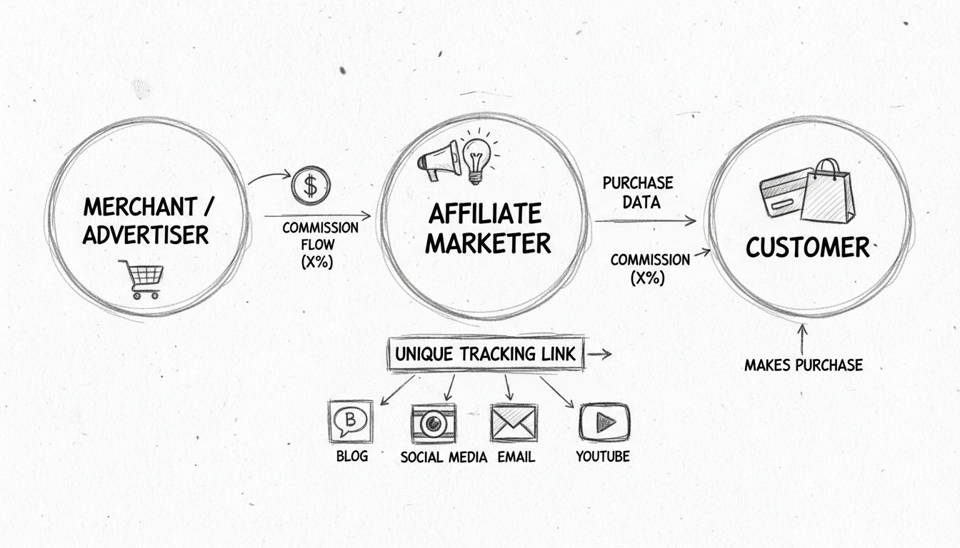 Diagram van het affiliate marketing ecosysteem met merchant, affiliate marketeer met trackinglink, en klant die koopt met commissiepijlen