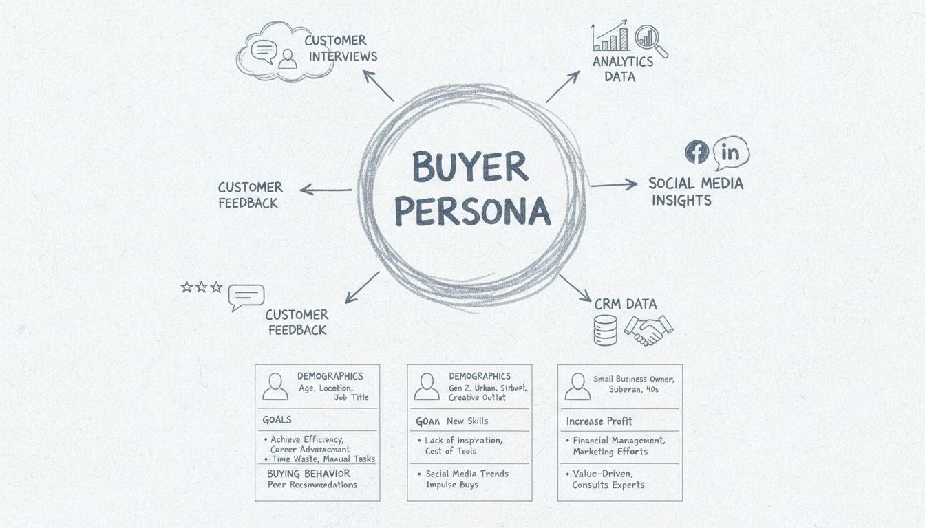 Diagram van het proces voor het maken van een buyer persona met onderzoekbronnen en persona-profielonderdelen