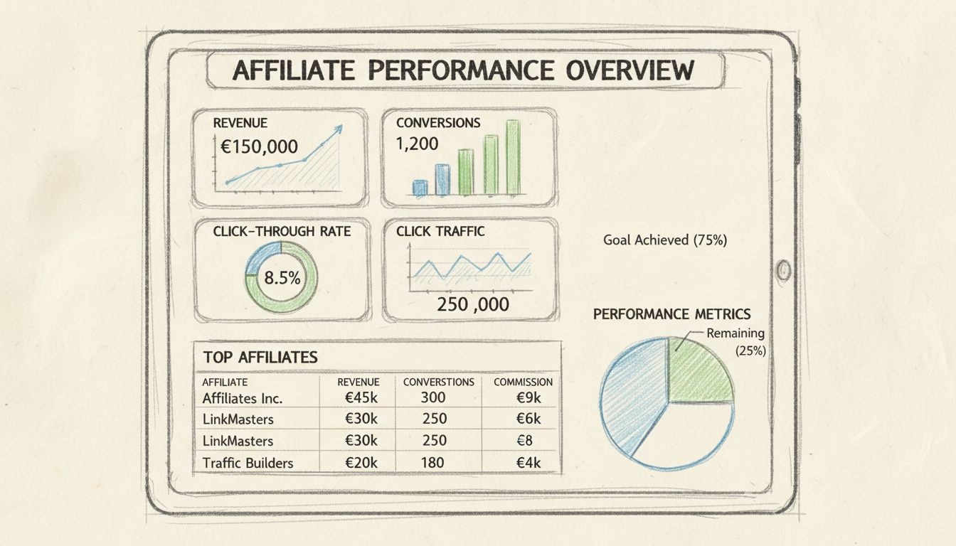 Affiliate tracking dashboard met belangrijkste prestatie-indicatoren zoals conversieratio’s, omzet per affiliate, klikverkeer en KPI’s