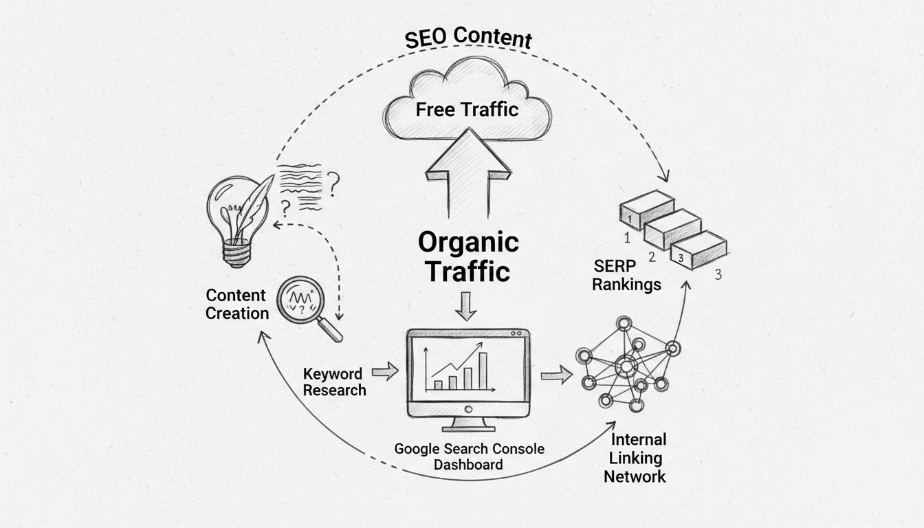 SEO-contentstrategie diagram met organische traffic flow, zoekwoordenonderzoek, SERP-rankings en intern linknetwerk