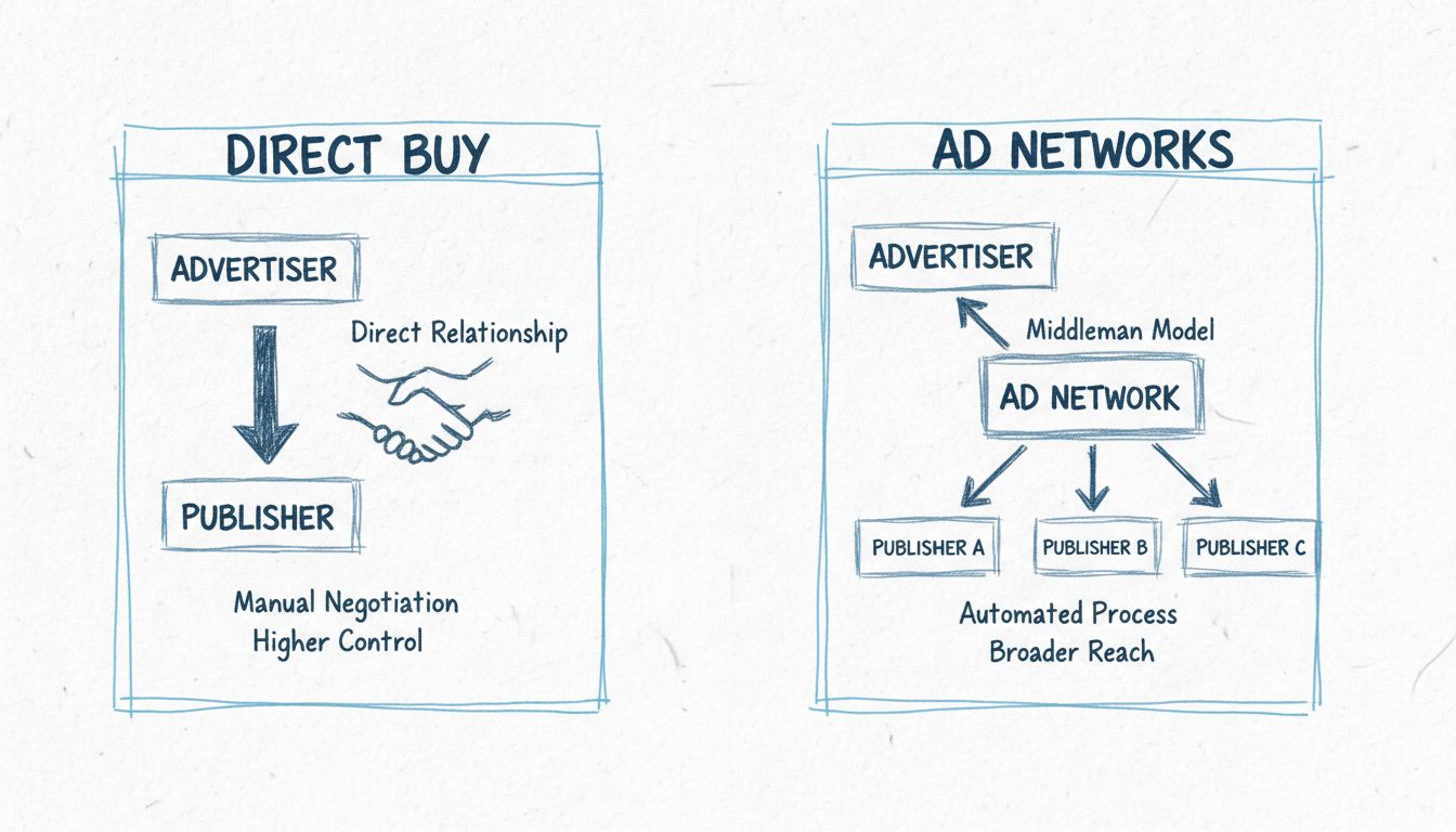 Vergelijkingsdiagram toont Direct Buy versus advertentienetwerken, met direct relatie links en tussenpersoonmodel rechts