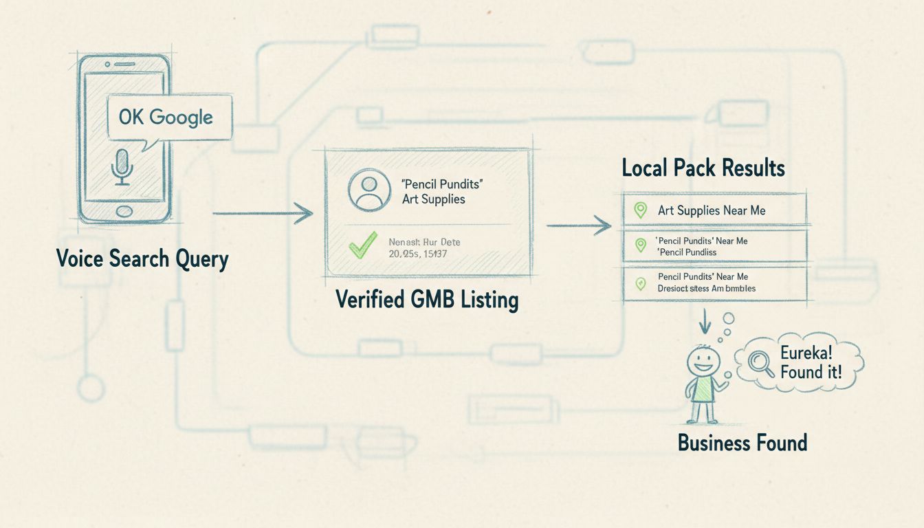 Google Mijn Bedrijf-verificatieproces voor voice search toont smartphone met voice search query, geverifieerde GMB-profielkaart met vinkje, local pack-resultaten en bedrijfsontdekkingsflow