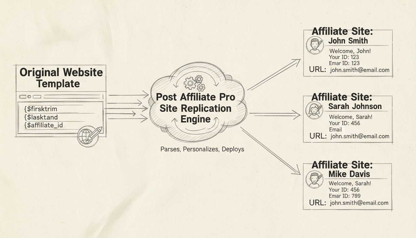 Diagram van site replicatie workflow die laat zien hoe template-variabelen persoonlijk worden gemaakt voor meerdere affiliates