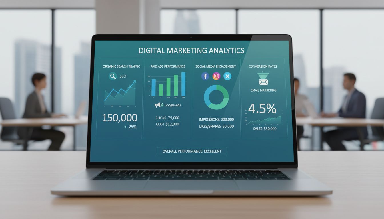 Dashboard voor digitale marketing met analyse van websiteverkeer, grafieken en statistieken over SEO, betaalde advertenties, social media en e-mailmarketingprestaties