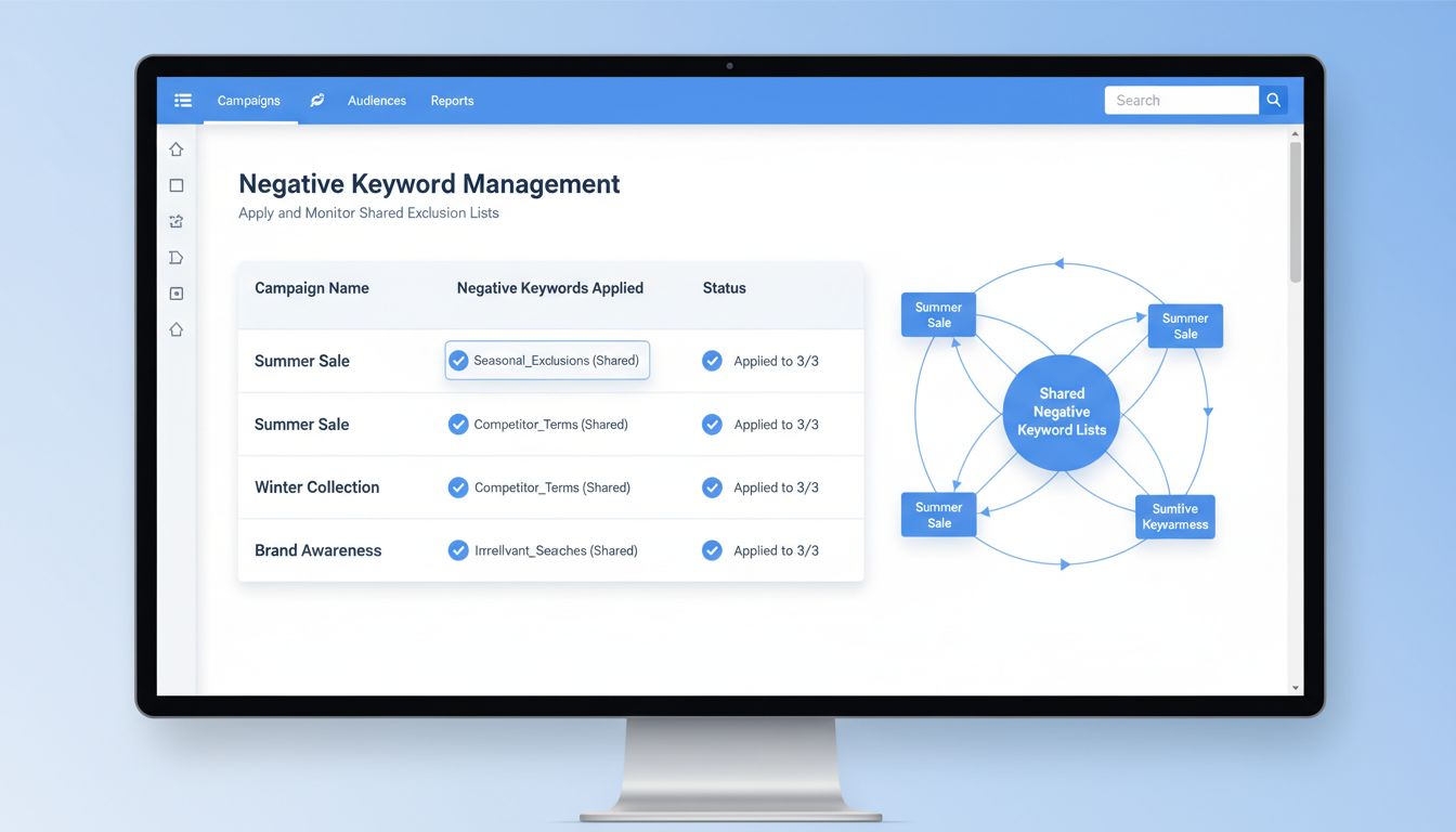 Dashboard met interface voor het beheren van negatieve zoekwoorden, waarbij meerdere campagnes en gedeelde lijsten tegelijk worden toegepast