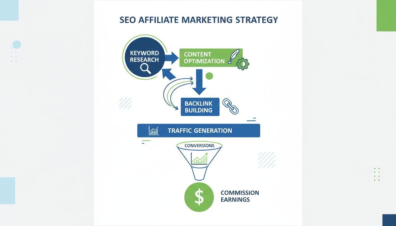 SEO Affiliate Marketing Strategie Infographic met keyword research, content optimalisatie, backlinkbuilding, traffic generatie en commissie workflow