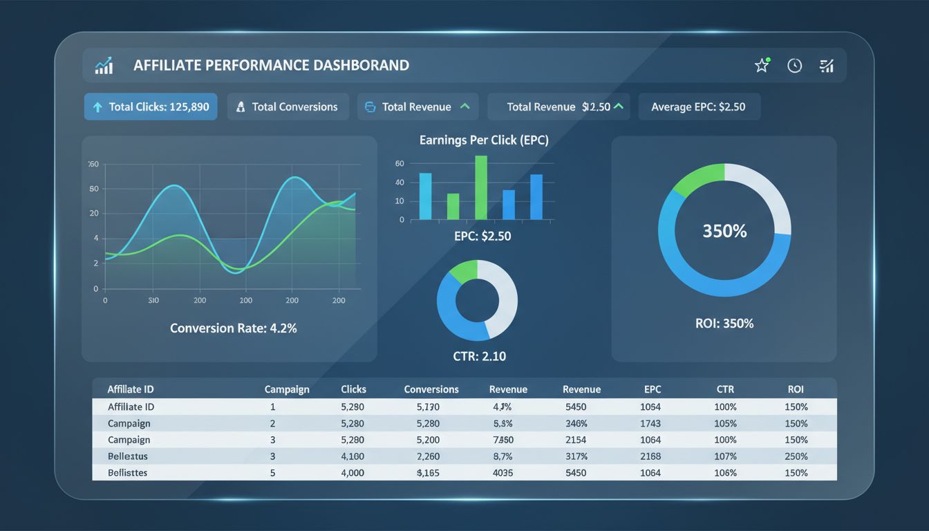 Affiliate performance metrics dashboard showing conversion rates, EPC, CTR, and ROI analytics