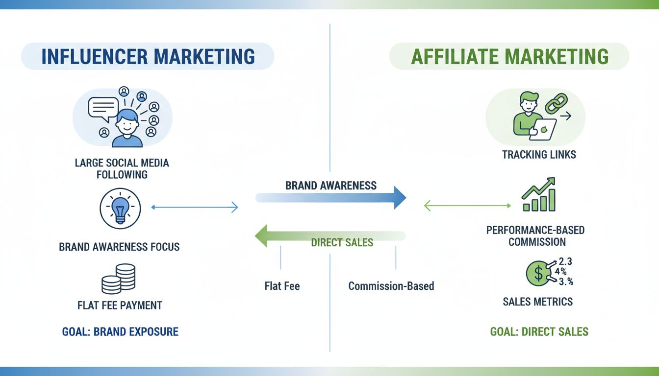 Vergelijkingsdiagram dat Influencer Marketing en Affiliate Marketing toont met de belangrijkste verschillen in doelen, betalingsmodellen en statistieken
