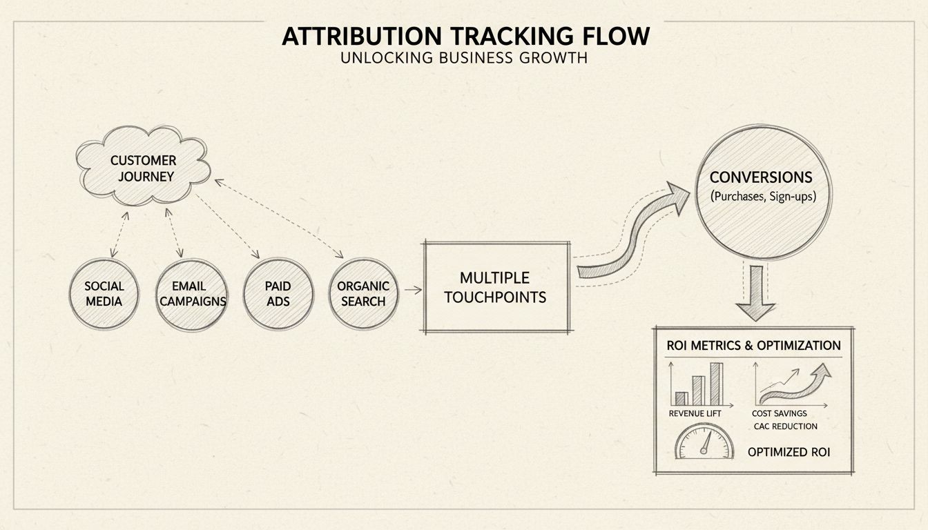 Attributietracking stroomdiagram toont klantreis via meerdere touchpoints, waaronder sociale media, e-mail, betaalde advertenties en organisch zoeken, die leiden naar conversies en ROI-metrics