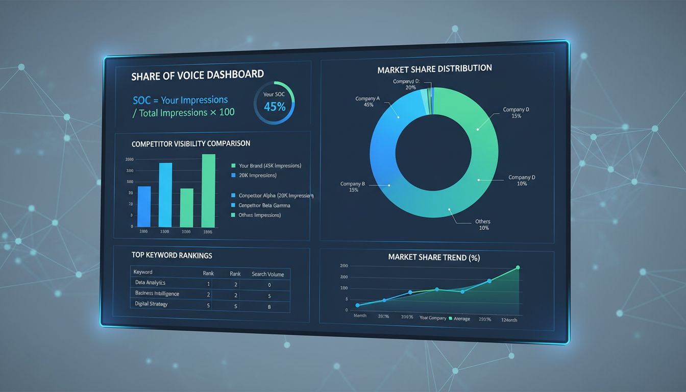 SOC-berekeningsdashboard met marktaandeelstatistieken, concurrentieanalyse-grafieken en share of voice-formule