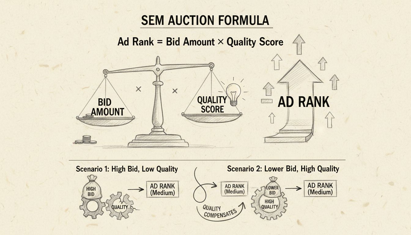 Diagram van SEM-veilingformule met Ad Rank als Bod x Kwaliteitsscore met gebalanceerde schaalvergelijking
