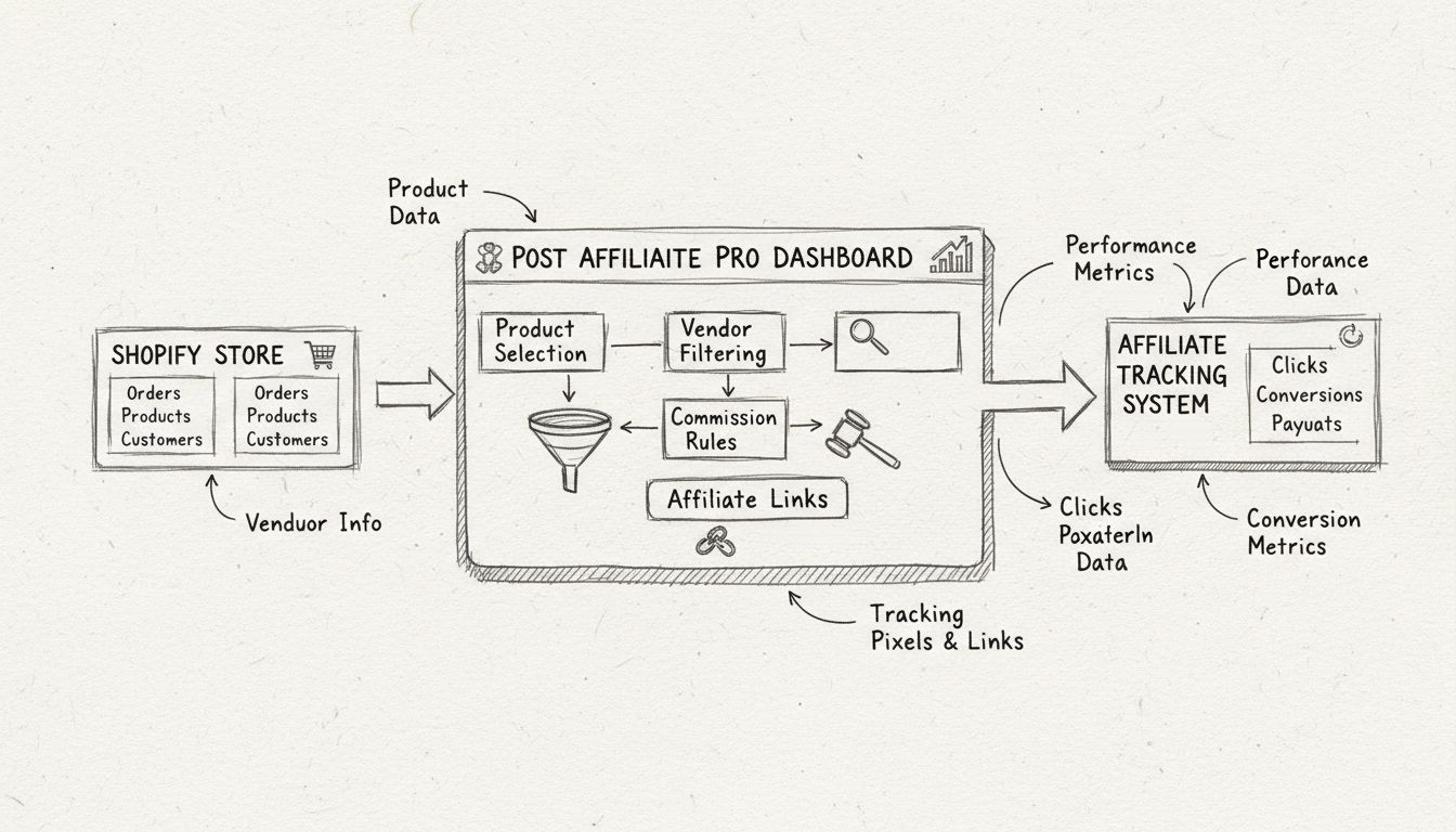Shopify-integratie workflowdiagram met producttracking, leveranciersfiltering en configuratie van commissieregels