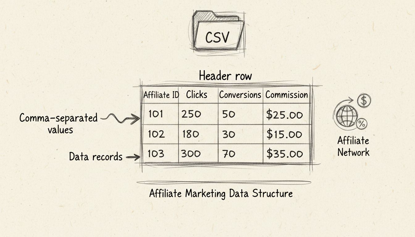 Handgetekend diagram van CSV-bestandsstructuur met kopregels, gegevensrecords en komma-gescheiden waarden voor affiliate marketing