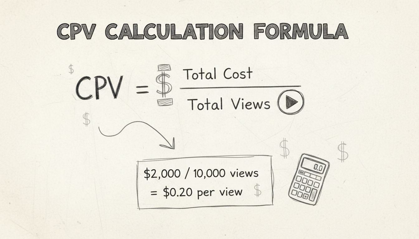 Diagram van CPV-berekeningsformule die Totale Kosten gedeeld door Totaal aantal Weergaven toont, gelijk aan CPV per weergave